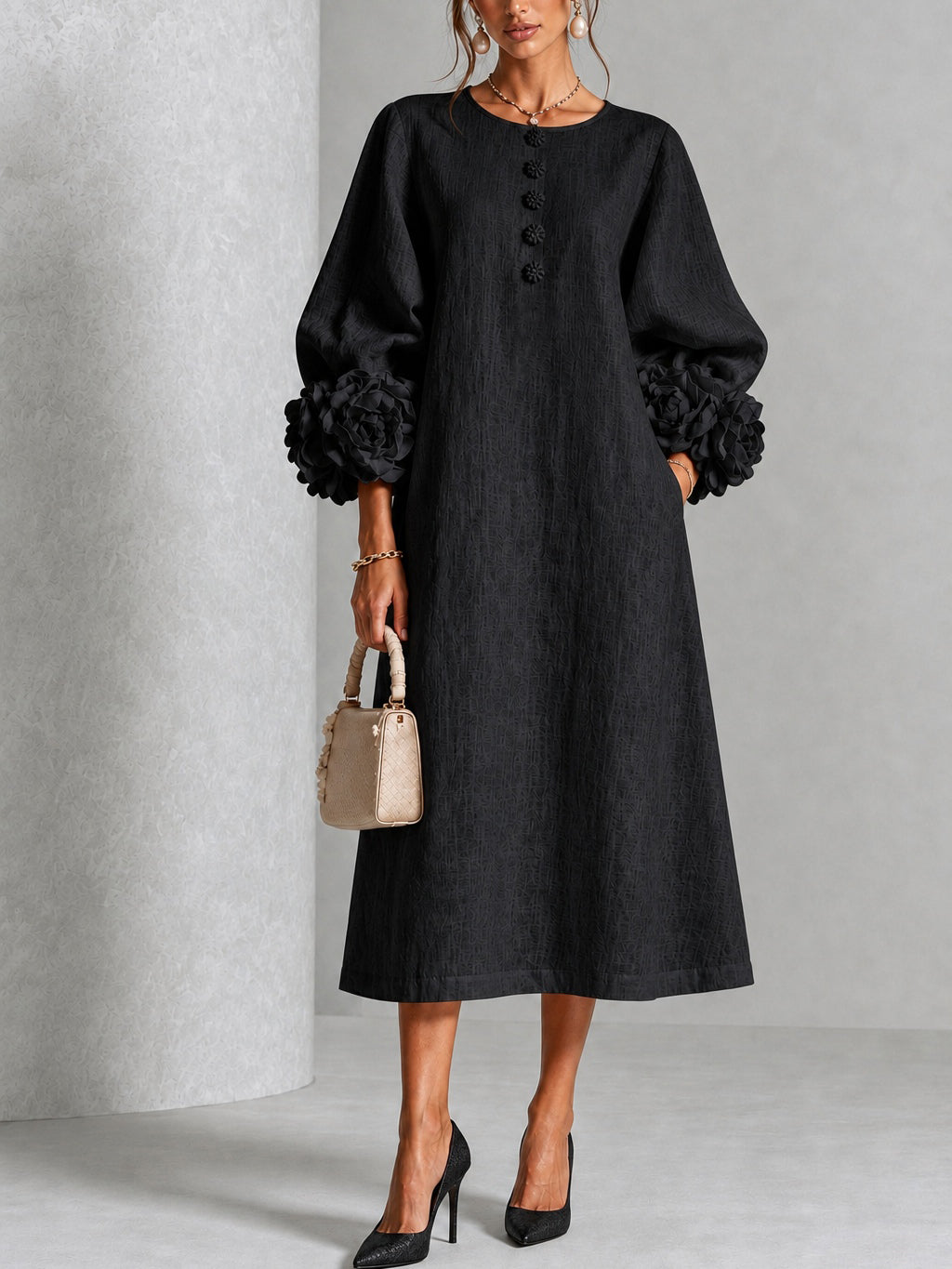 Catalina | Vestido midi con mangas abullonadas y botones de flor