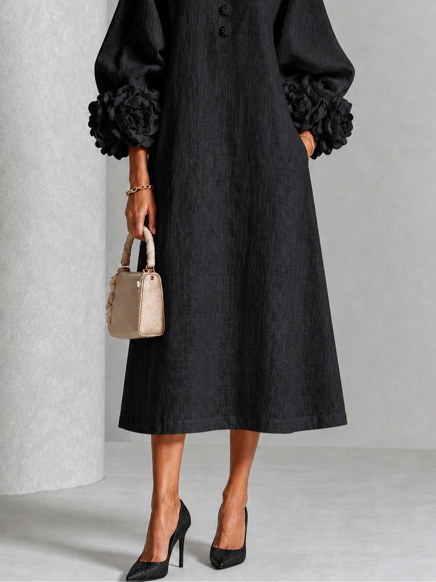 Catalina | Vestido midi con mangas abullonadas y botones de flor