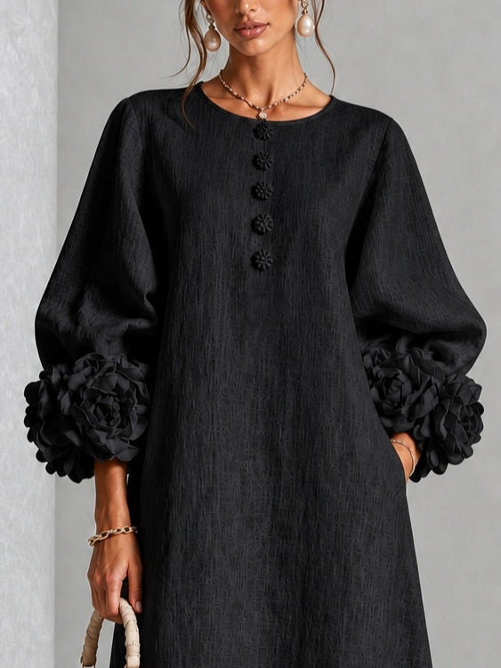 Catalina | Vestido midi con mangas abullonadas y botones de flor