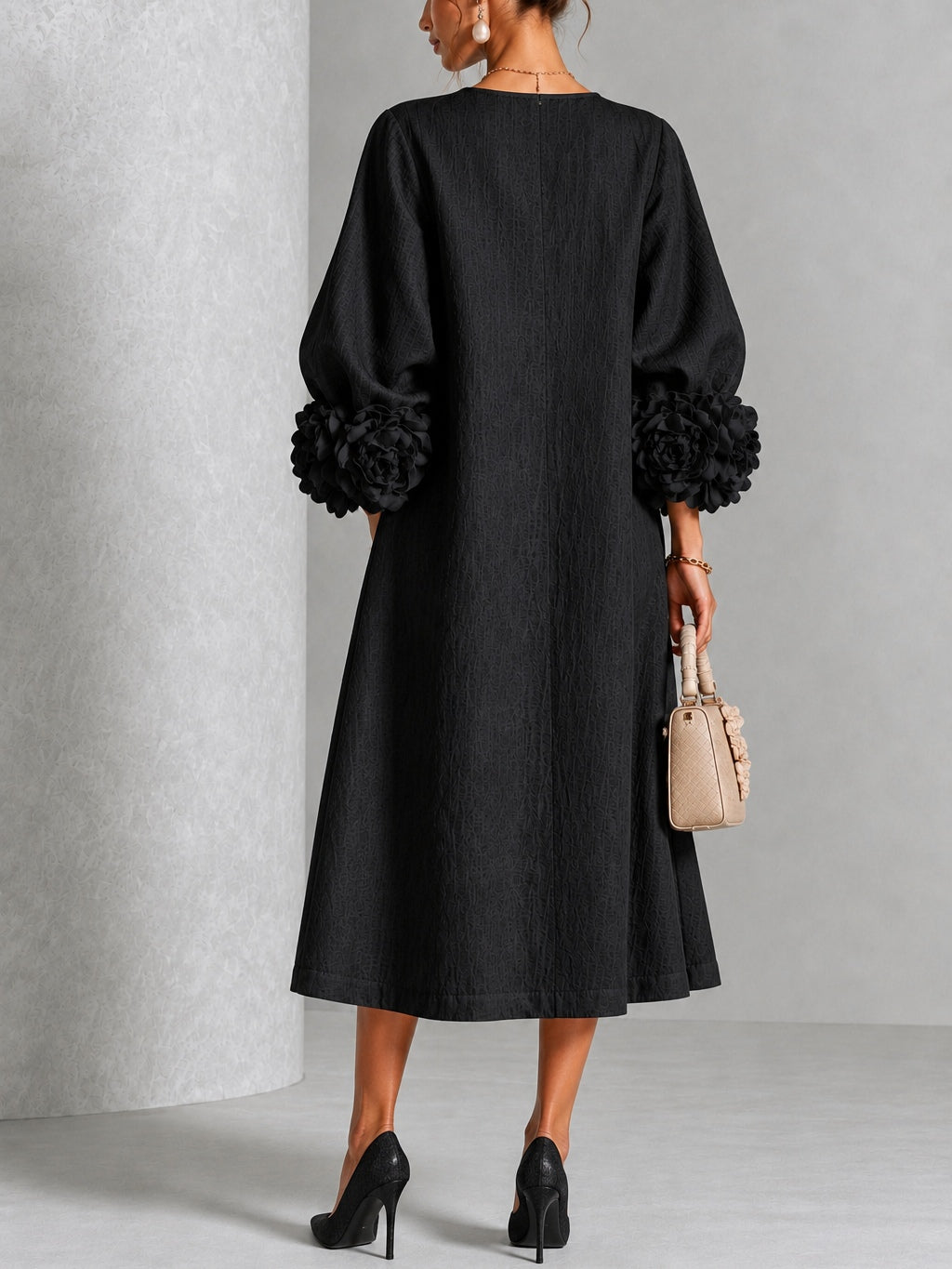 Catalina | Vestido midi con mangas abullonadas y botones de flor