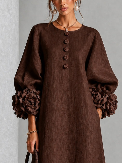 Catalina | Vestido midi con mangas abullonadas y botones de flor