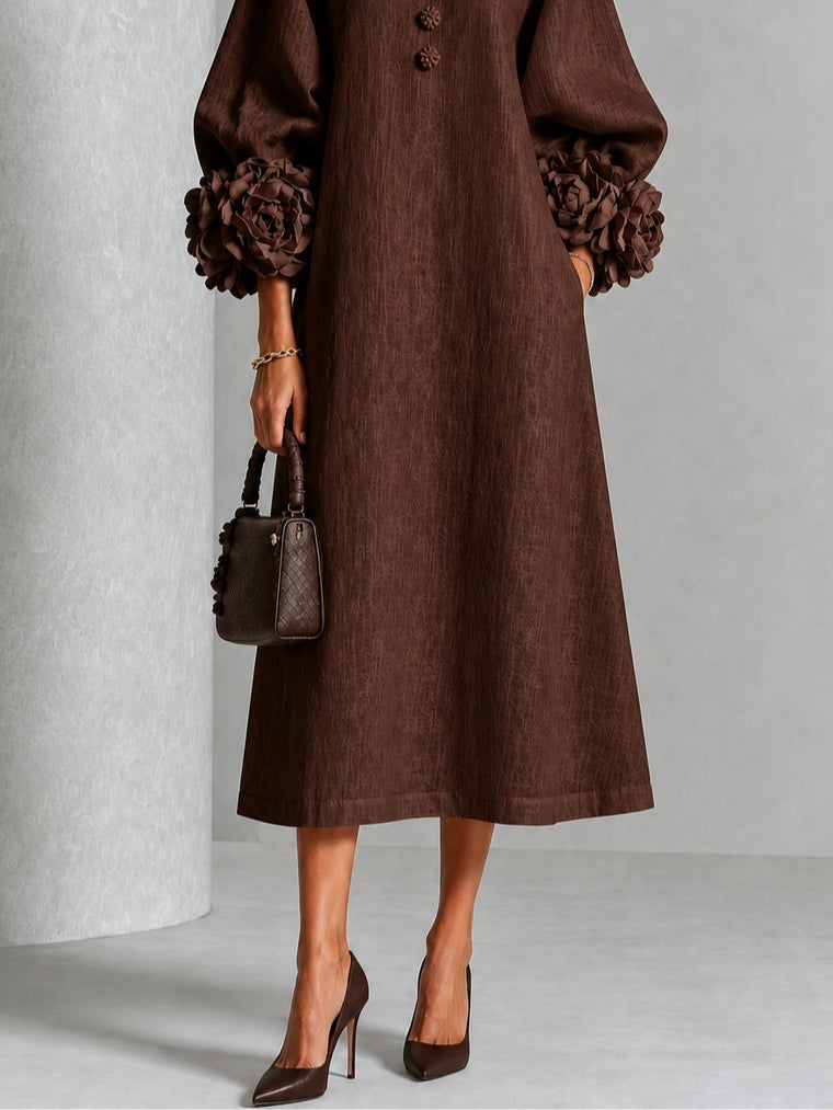 Catalina | Vestido midi con mangas abullonadas y botones de flor