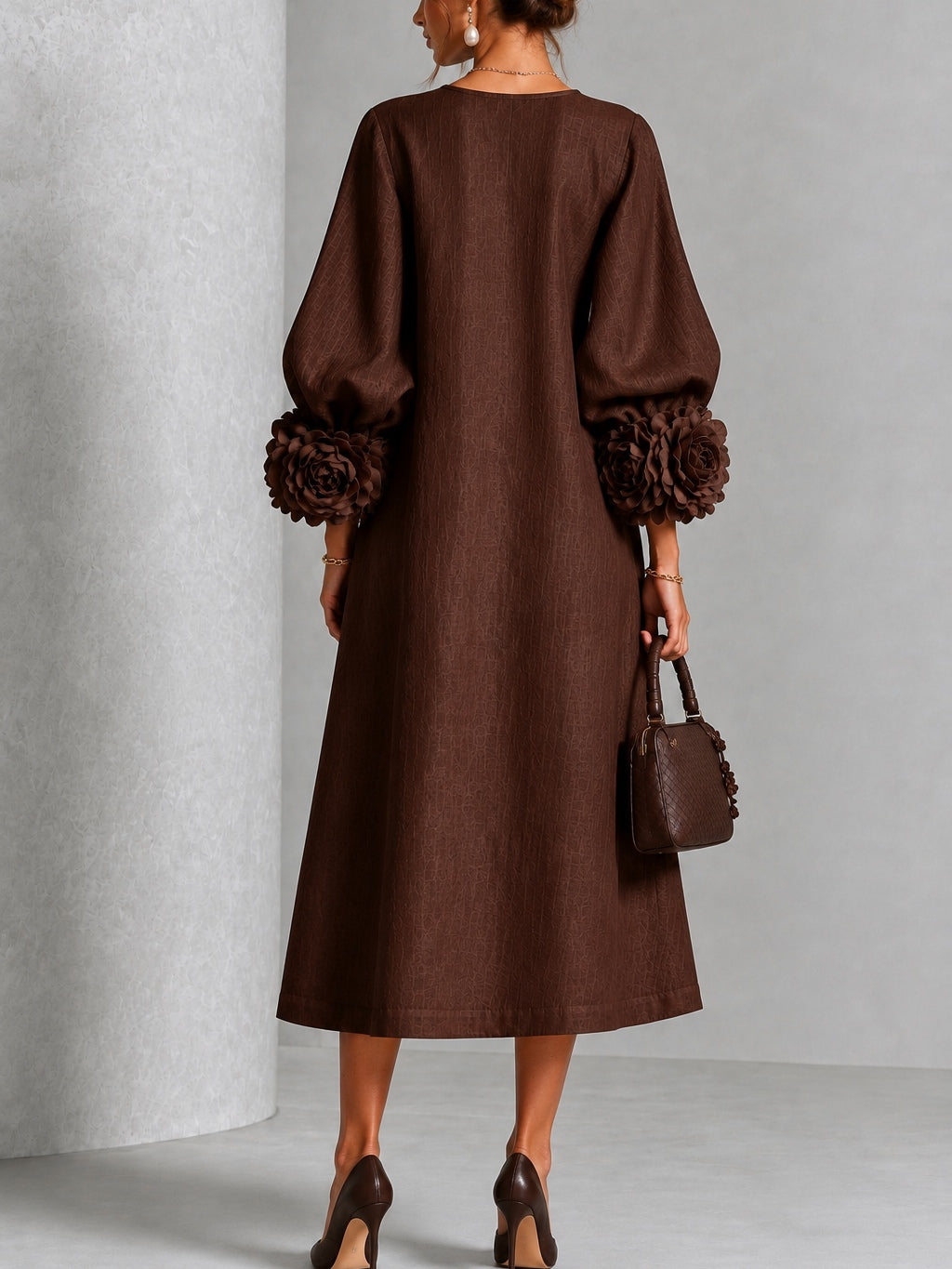 Catalina | Vestido midi con mangas abullonadas y botones de flor