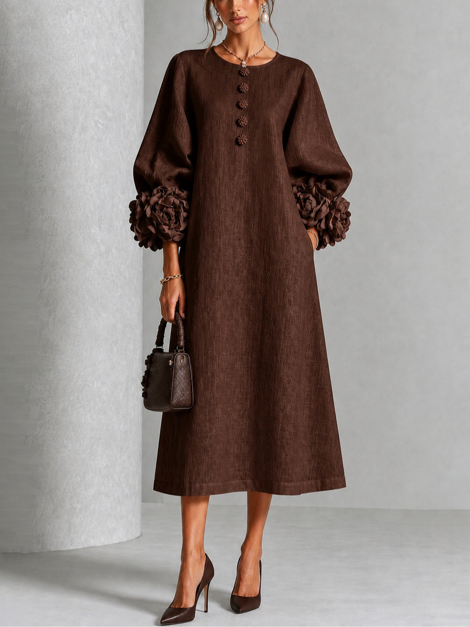 Catalina | Vestido midi con mangas abullonadas y botones de flor
