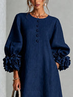 Catalina | Vestido midi con mangas abullonadas y botones de flor