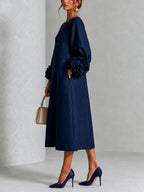 Catalina | Vestido midi con mangas abullonadas y botones de flor
