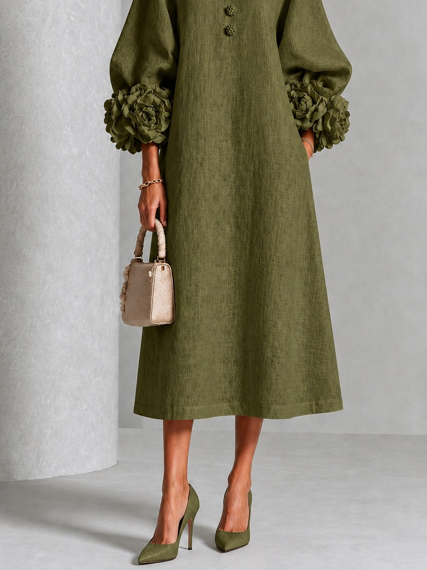 Catalina | Vestido midi con mangas abullonadas y botones de flor