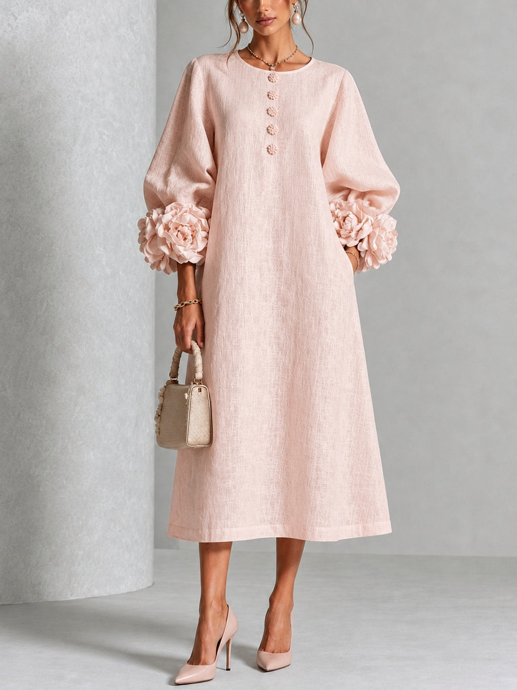 Isabel | Vestido midi con botones y puños con rosas