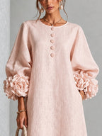 Catalina | Vestido midi con mangas abullonadas y botones de flor