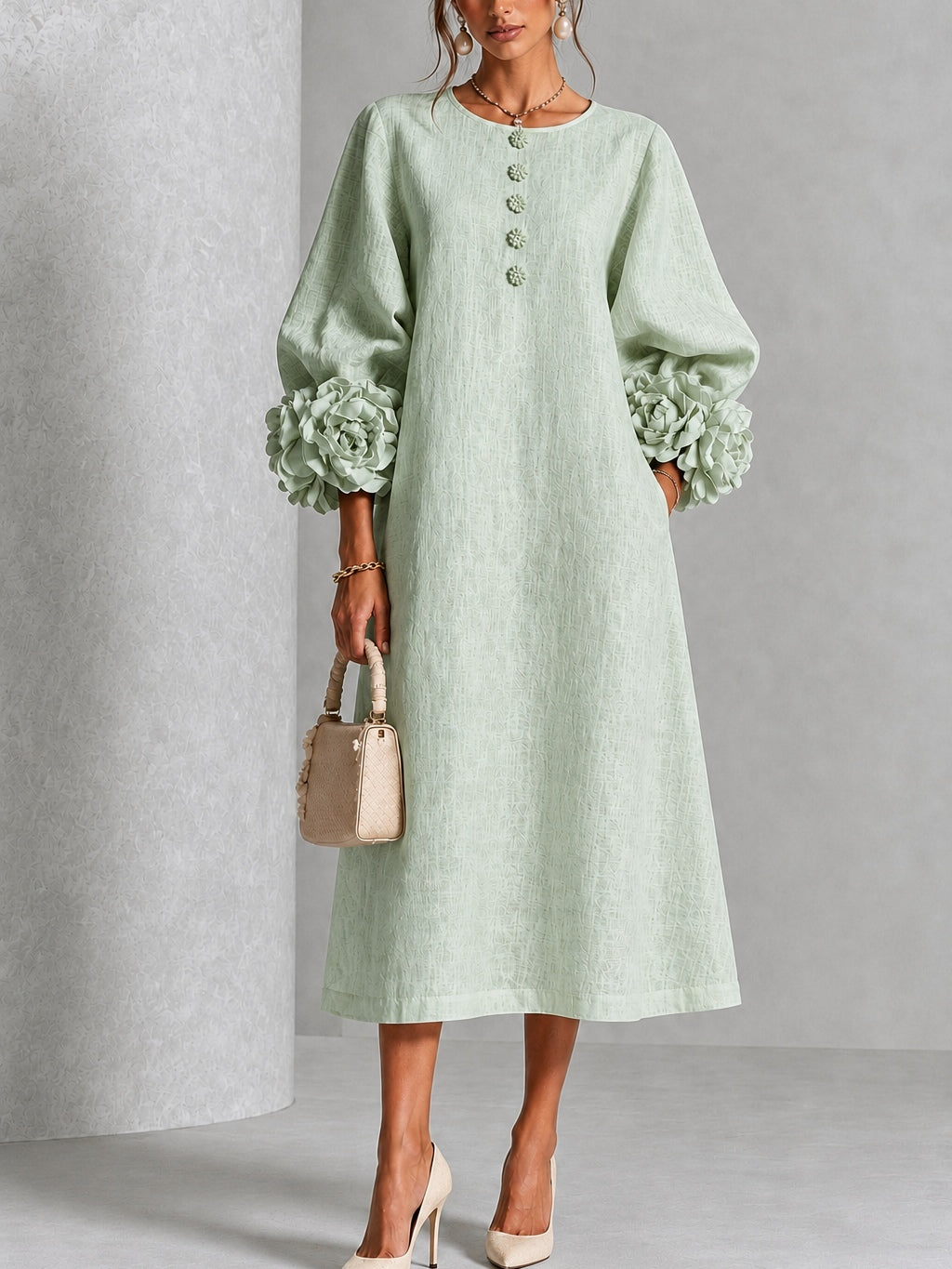 Catalina | Vestido midi con mangas abullonadas y botones de flor