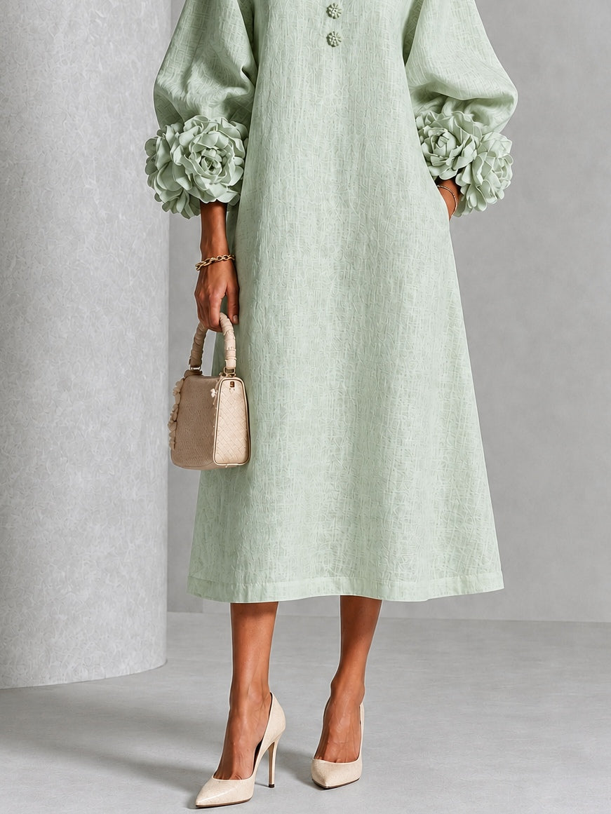 Catalina | Vestido midi con mangas abullonadas y botones de flor