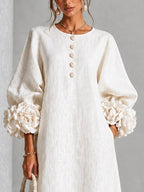 Catalina | Vestido midi con mangas abullonadas y botones de flor