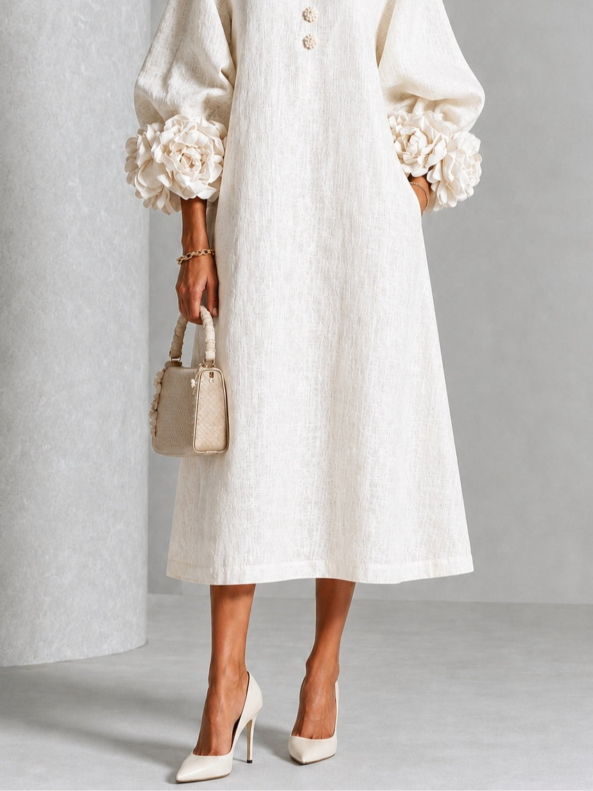Catalina | Vestido midi con mangas abullonadas y botones de flor