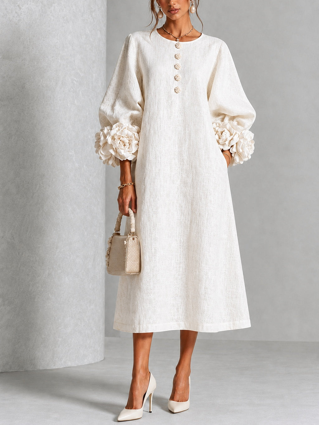 Catalina | Vestido midi con mangas abullonadas y botones de flor