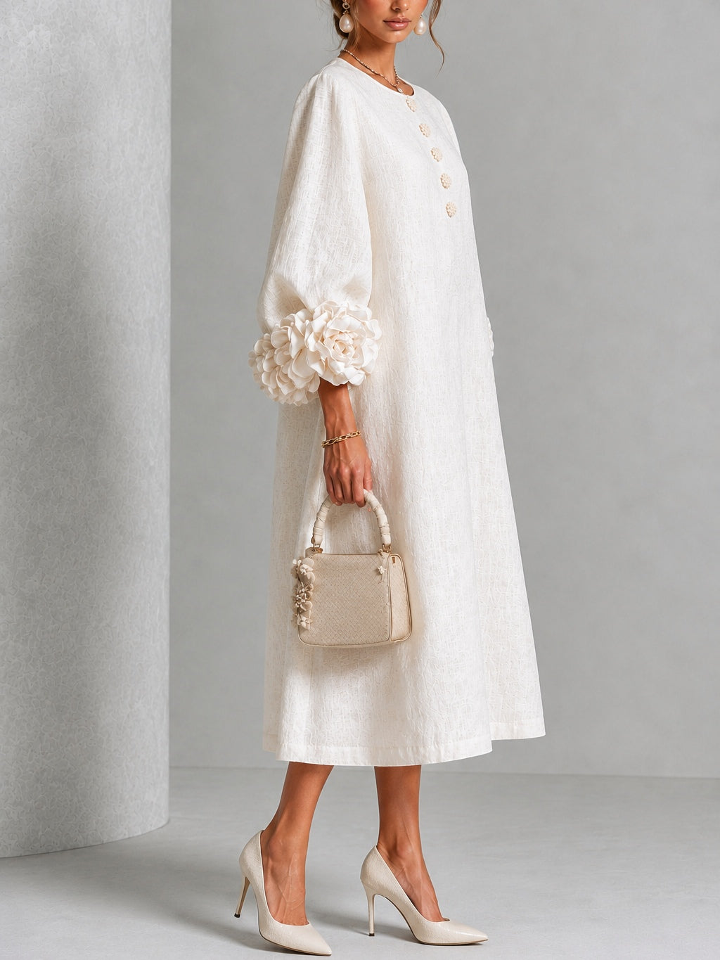 Catalina | Vestido midi con mangas abullonadas y botones de flor