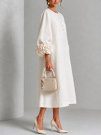 Catalina | Vestido midi con mangas abullonadas y botones de flor