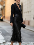 Jimena | Vestido midi negro con cuerpo estilo blazer, lentejuelas y flecos