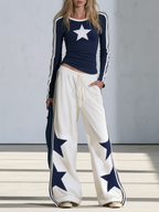 Celia | Conjunto de top de manga larga con estrellas y pantalón ancho azul marino