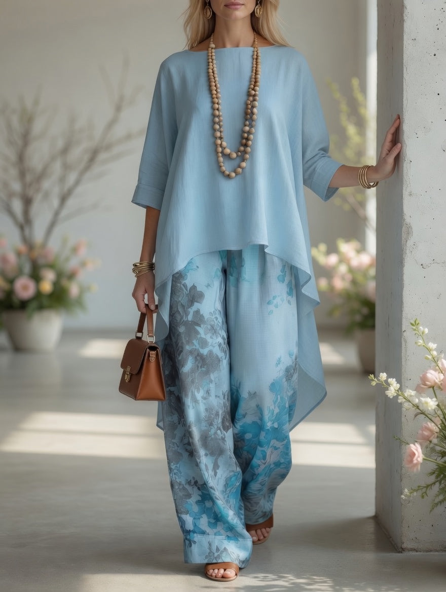 Lucila | Conjunto vintage de túnica asimétrica y pantalón ancho estampado