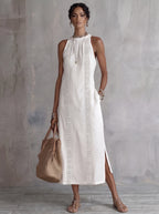 Jimena | Vestido midi de lino con cuello mao