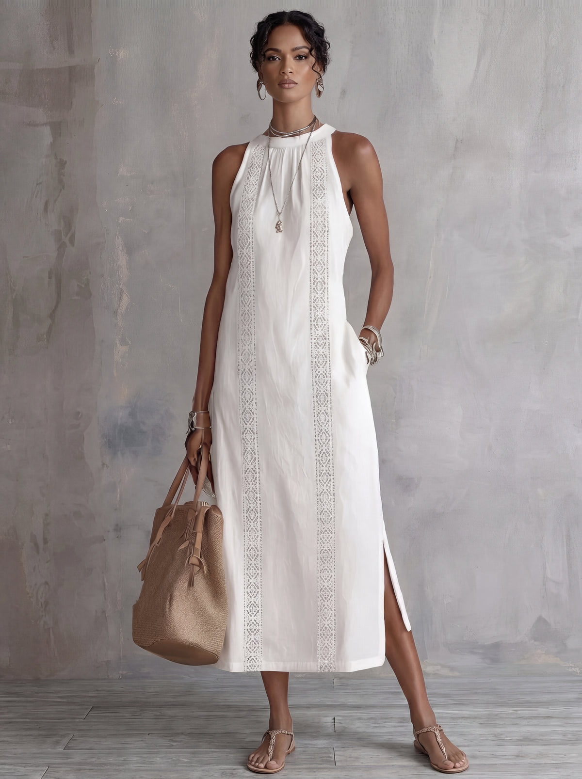 Jimena | Vestido midi de lino con cuello mao