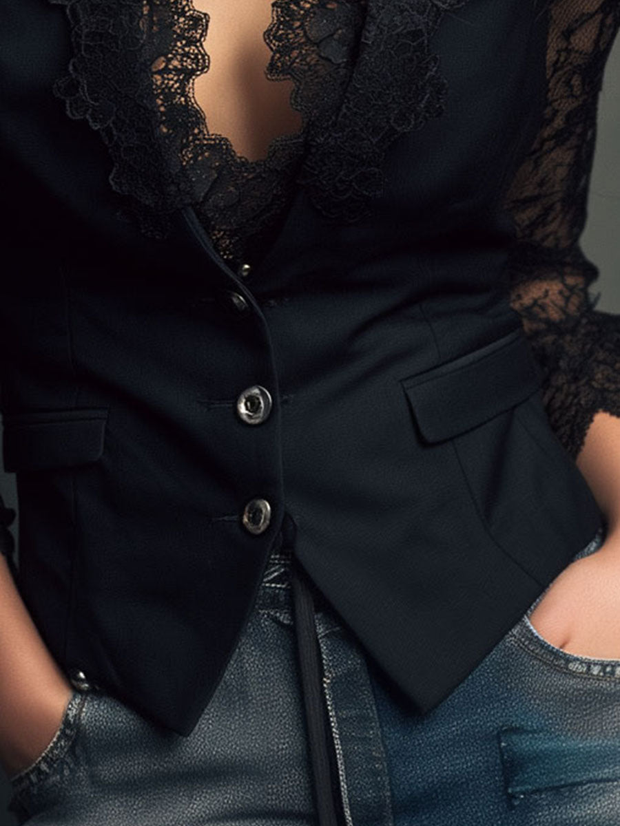Valeria | Blazer Negro con Mangas Semitransparentes