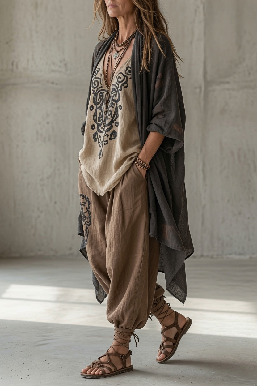 Carla | Conjunto boho de tres piezas con pantalón harén y cárdigan