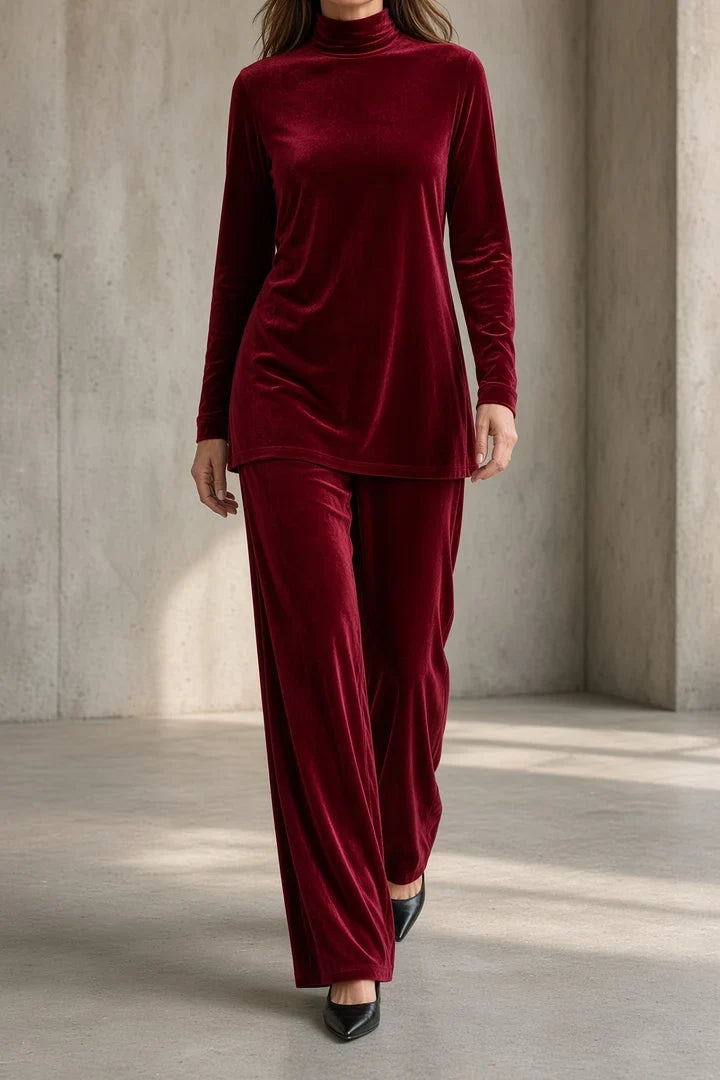 Mabel | Conjunto de terciopelo con top de cuello alto y pantalón ancho