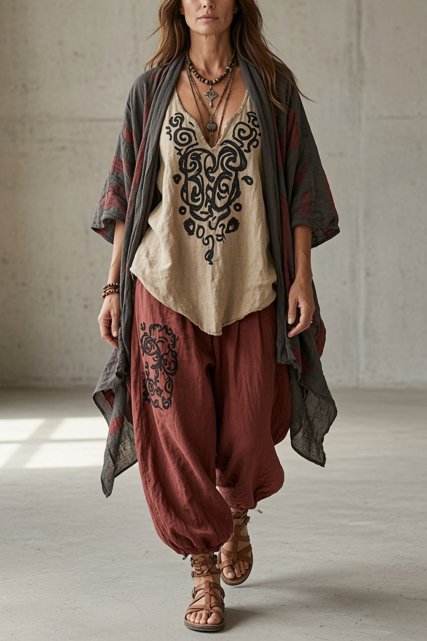 Carla | Conjunto boho de tres piezas con pantalón harén y cárdigan
