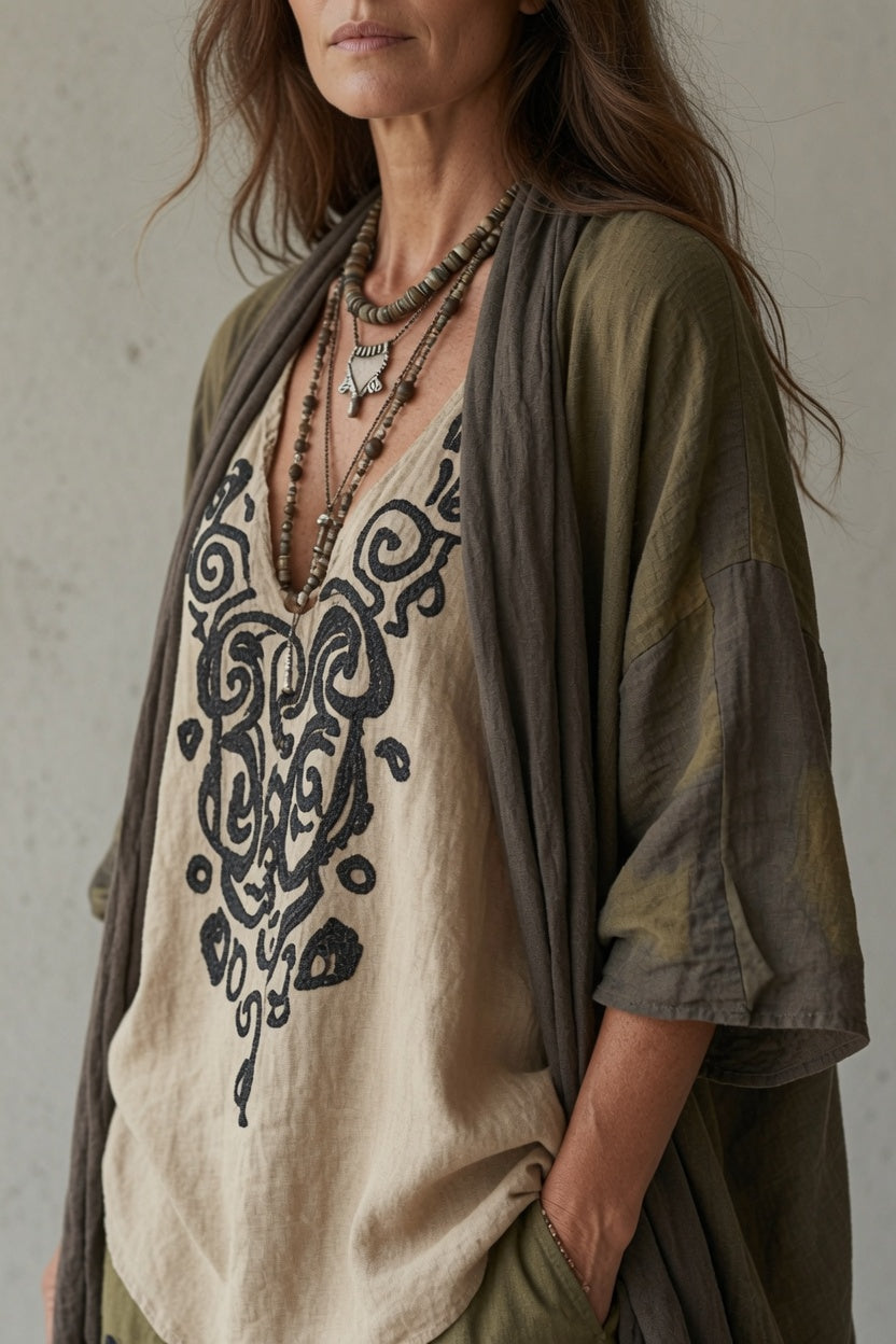 Carla | Conjunto boho de tres piezas con pantalón harén y cárdigan