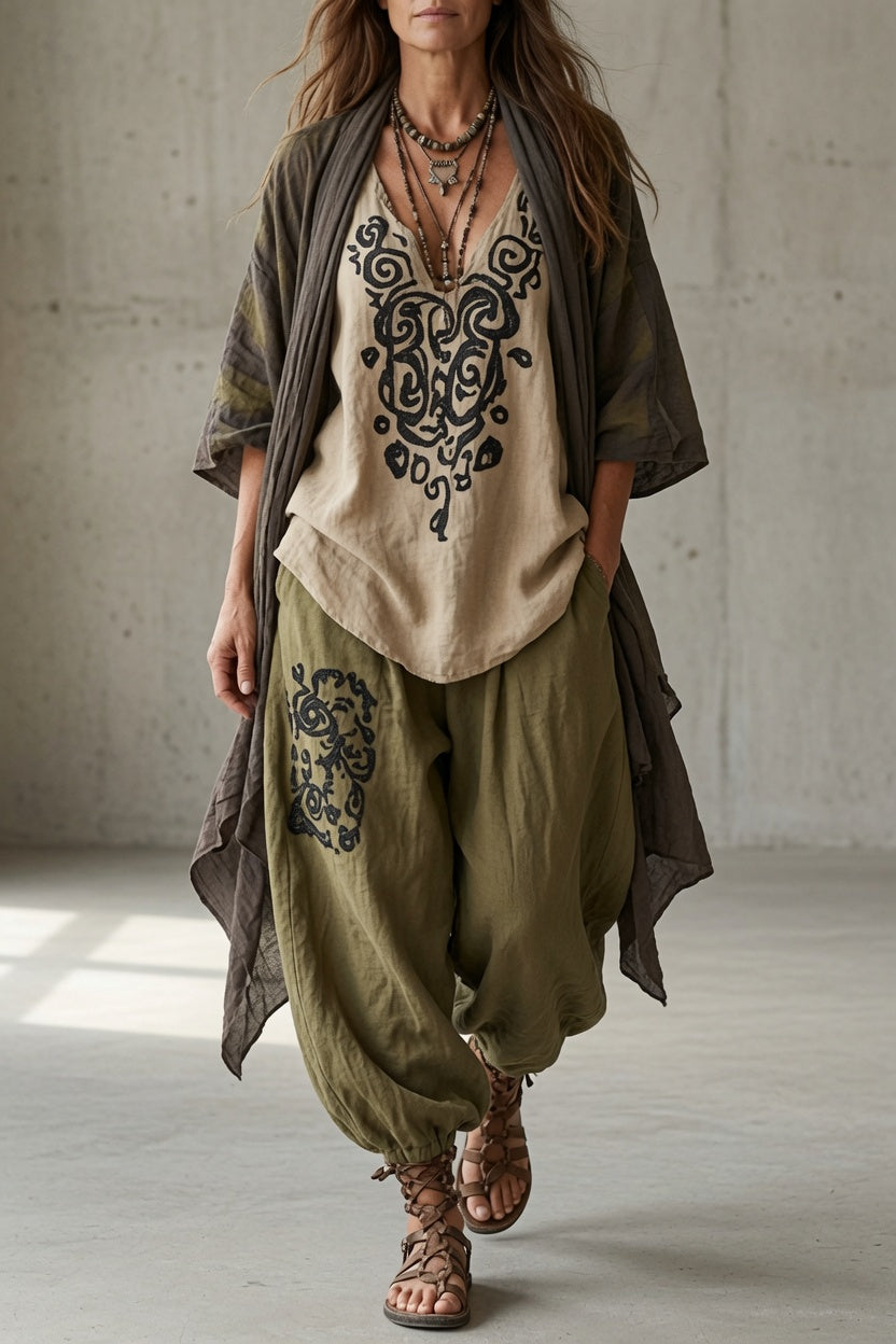 Carla | Conjunto boho de tres piezas con pantalón harén y cárdigan