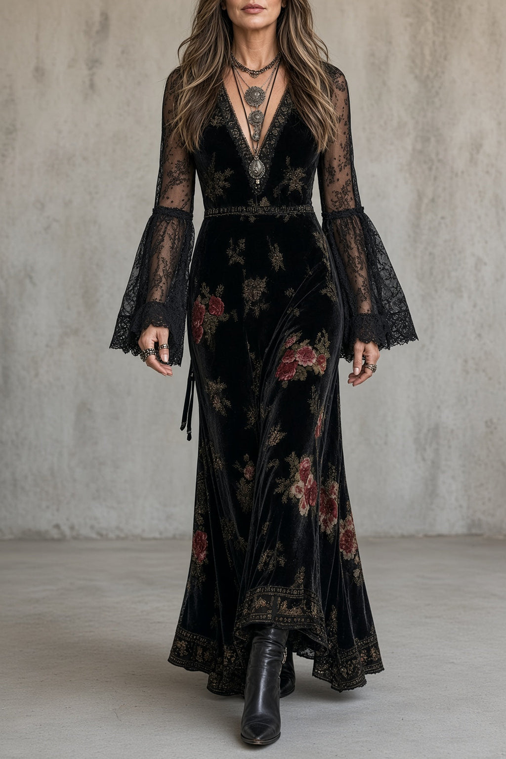 Azahara | Vestido largo de terciopelo floral con mangas de encaje