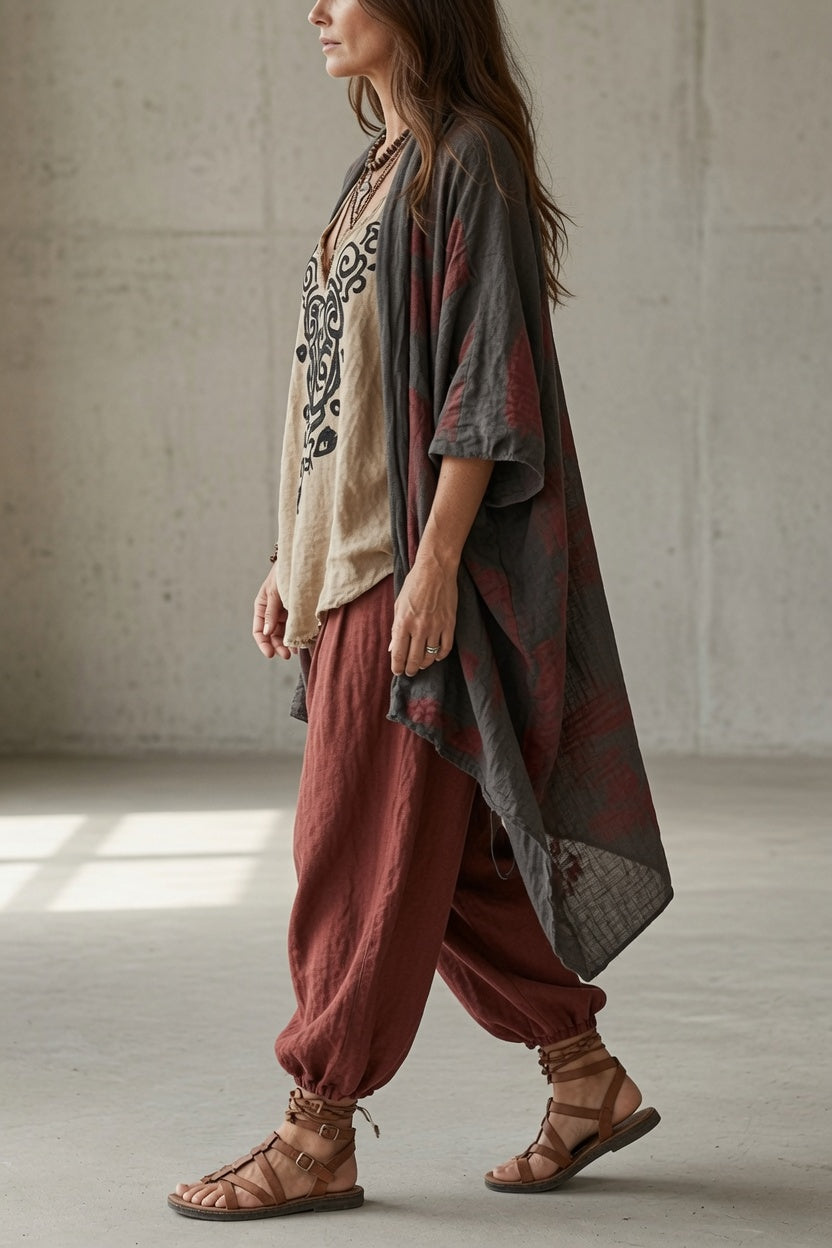 Carla | Conjunto boho de tres piezas con pantalón harén y cárdigan