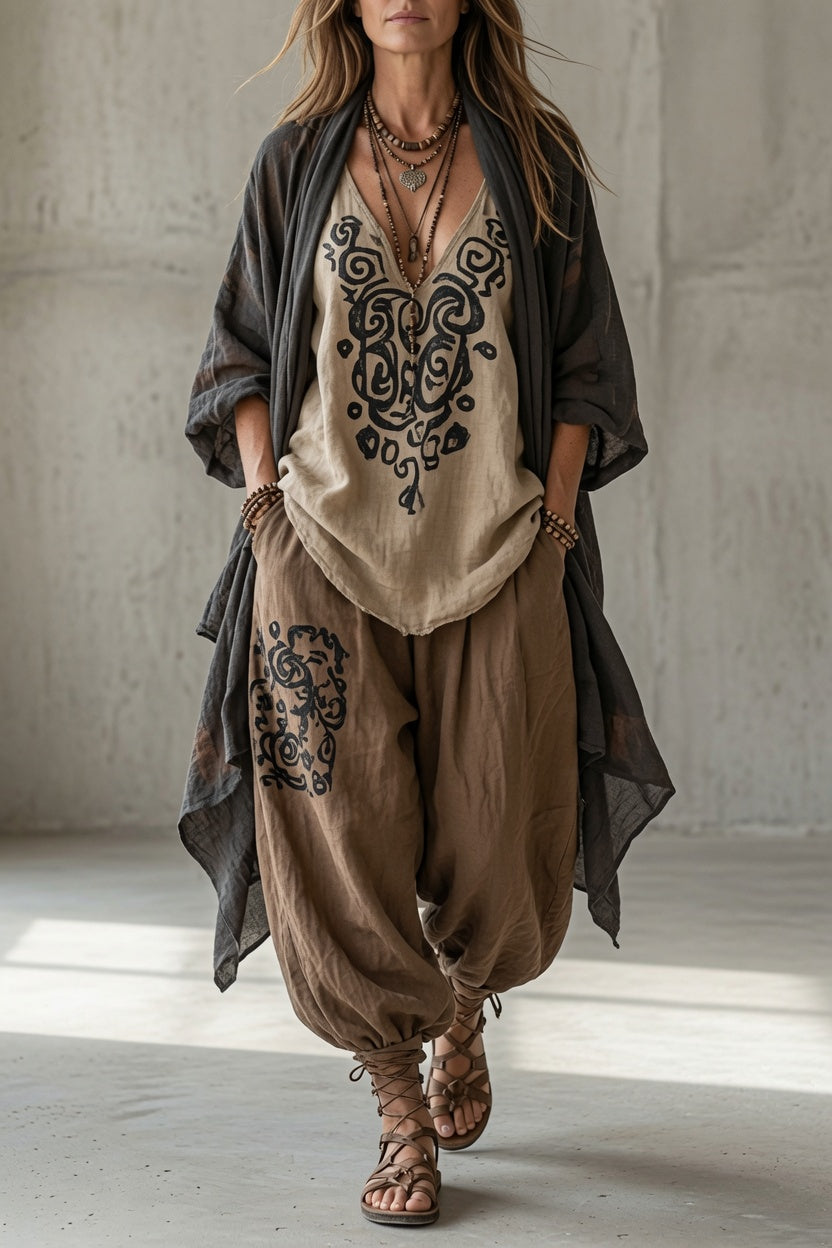 Carla | Conjunto boho de tres piezas con pantalón harén y cárdigan