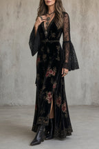 Azahara | Vestido largo de terciopelo floral con mangas de encaje