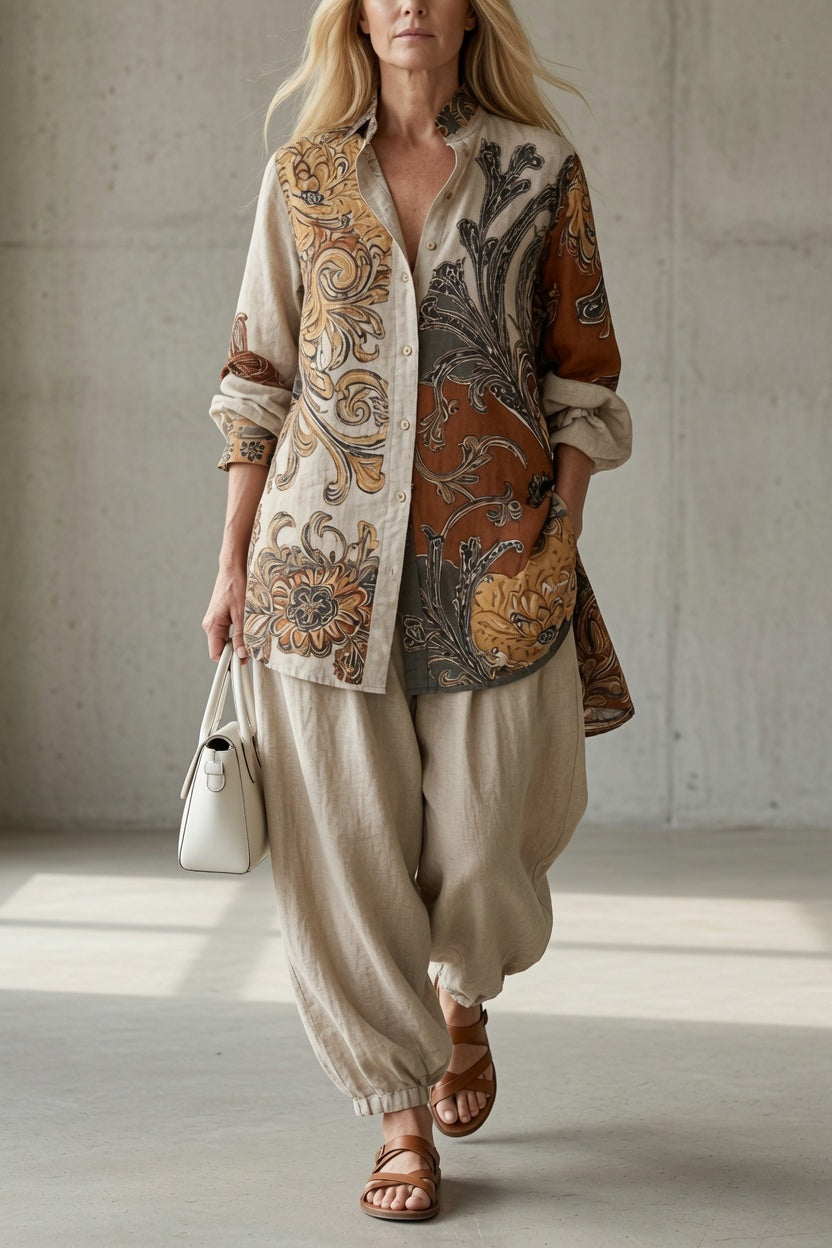 Adelina | Conjunto vintage de camisa estampada y pantalón