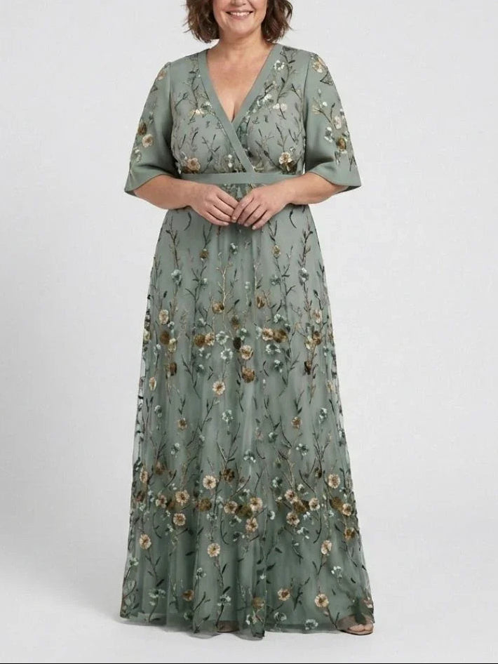 Eva | Vestido Maxi Floral de Malla con Manga Corta