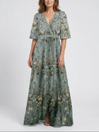Eva | Vestido Maxi Floral de Malla con Manga Corta
