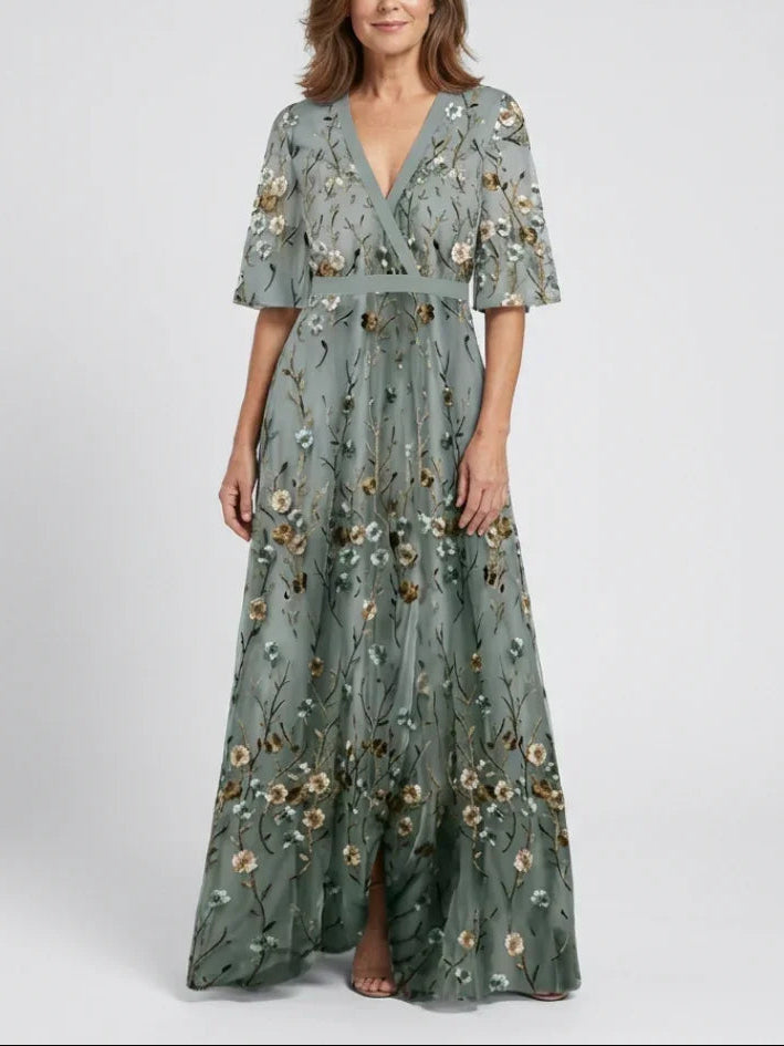 Eva | Vestido Maxi Floral de Malla con Manga Corta