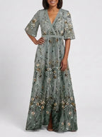 Eva | Vestido Maxi Floral de Malla con Manga Corta