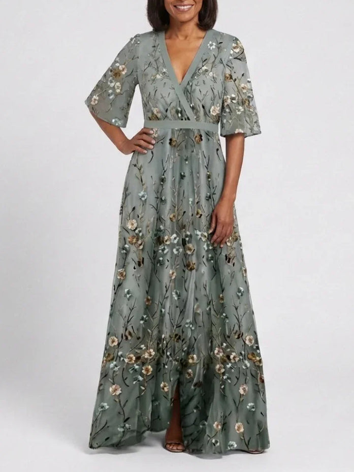 Eva | Vestido Maxi Floral de Malla con Manga Corta