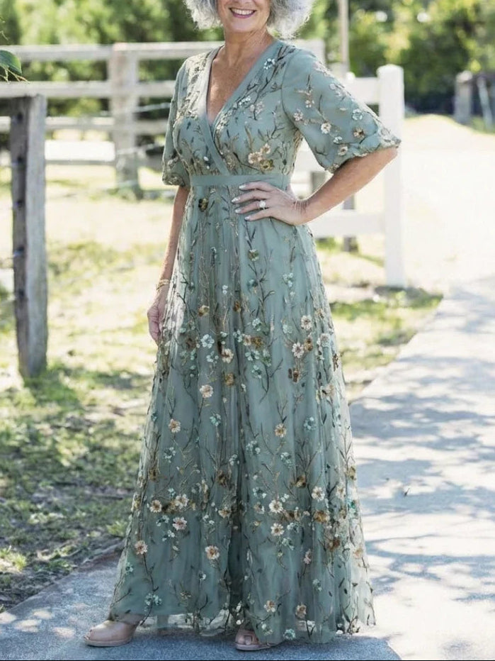 Eva | Vestido Maxi Floral de Malla con Manga Corta