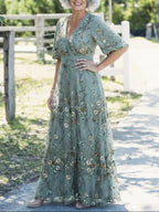 Eva | Vestido Maxi Floral de Malla con Manga Corta