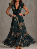 Luz | Vestido largo vintage de gasa verde oscuro con encaje floral