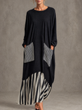 Alba | Vestido largo oversize de algodón negro con rayas efecto patchwork