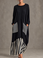 Alba | Vestido largo oversize de algodón negro con rayas efecto patchwork