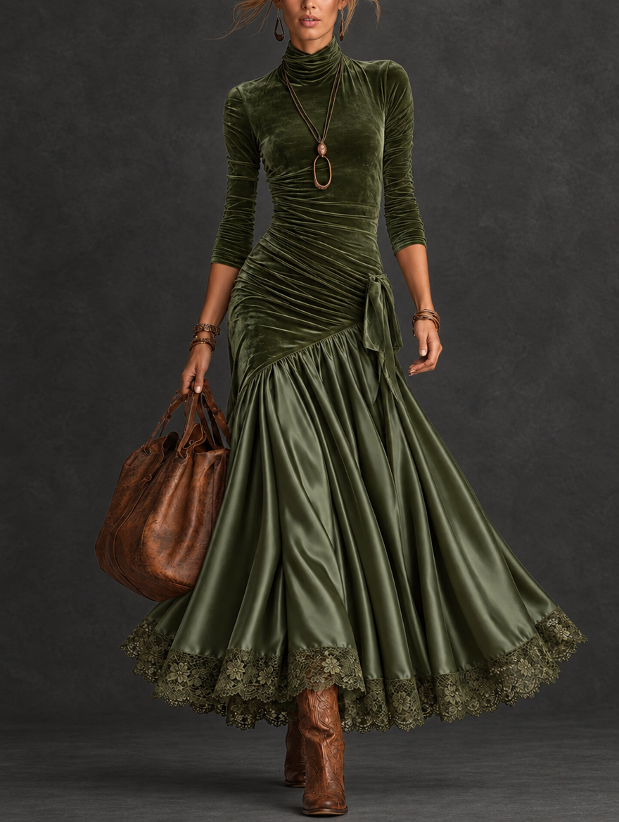 Nerea | Vestido largo de terciopelo y satén verde oliva con bajo de encaje
