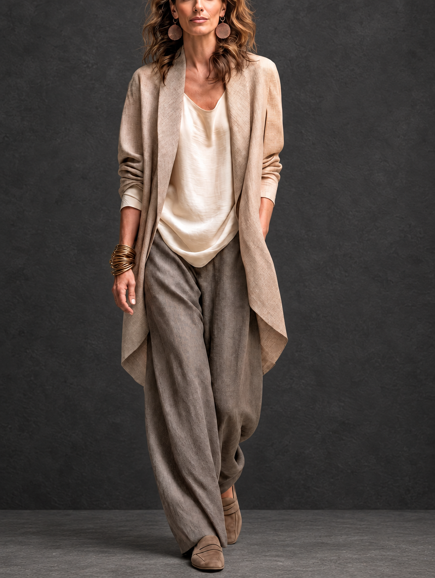 Constanza | Conjunto de tres piezas beige y gris con pantalón palazzo