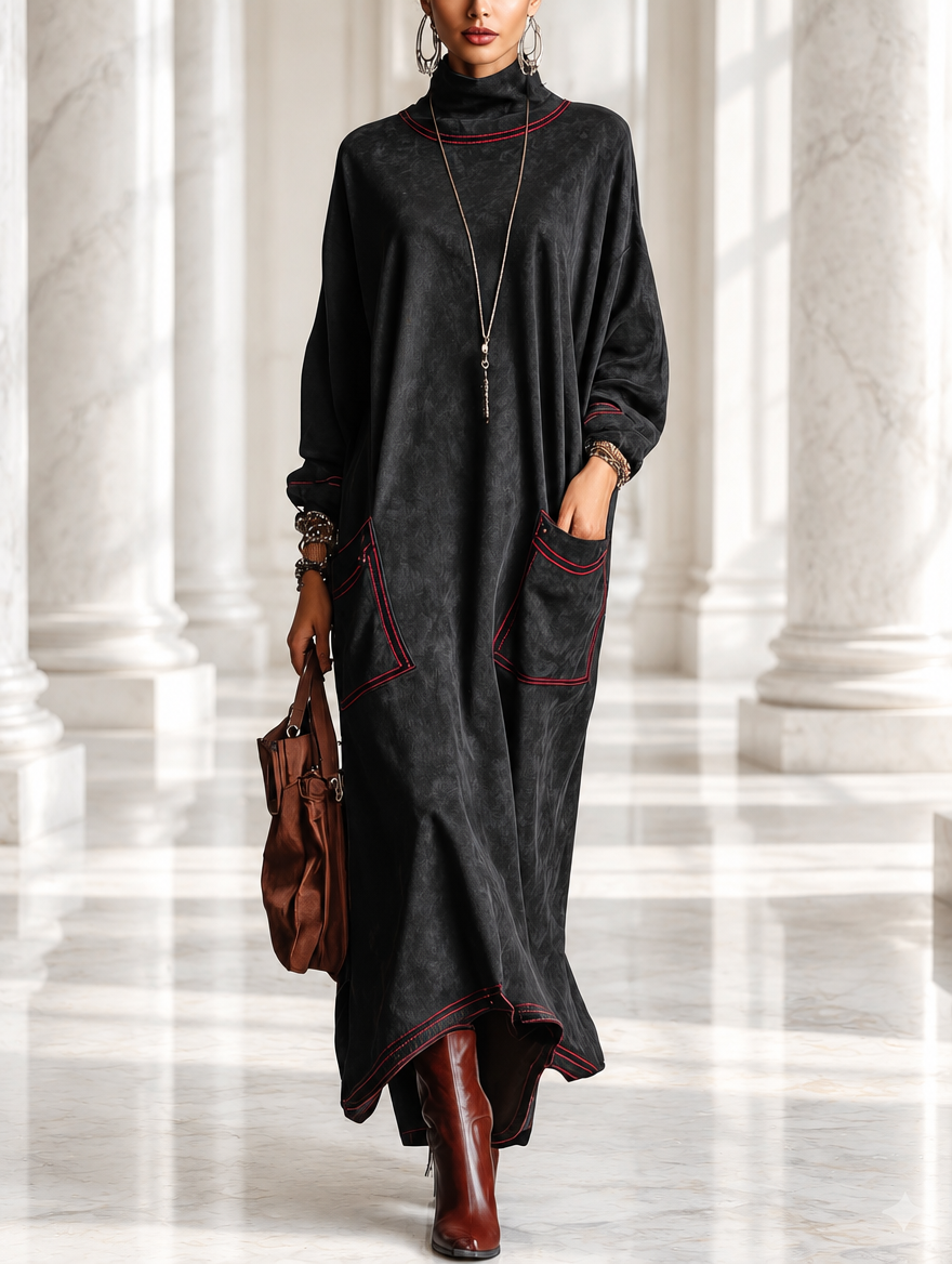 Estela | Vestido largo de ante sintético negro con pespuntes rojos y bolsillos
