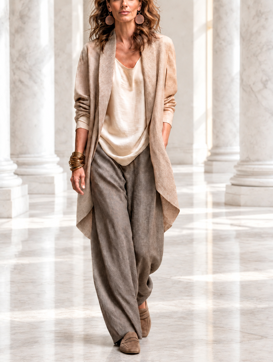 Constanza | Conjunto de tres piezas beige y gris con pantalón palazzo